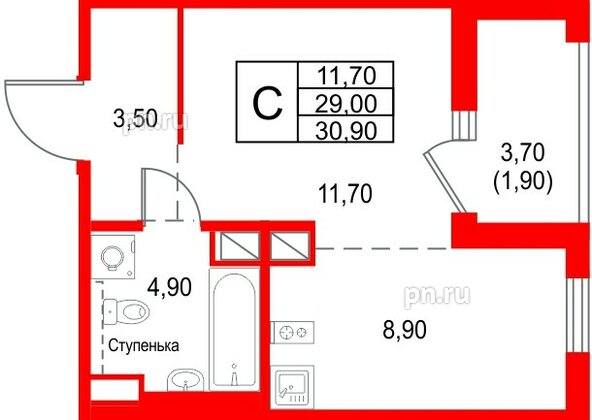 Квартира в ЖК «Янила Форест», студия, 30.9 м², 2 этаж