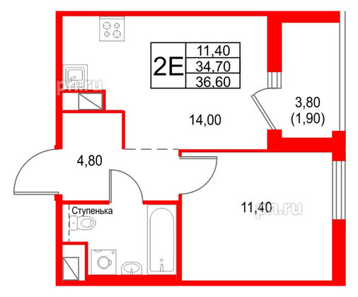 Квартира в ЖК Янила Форест, 1 комнатная, 36.6 м², 2 этаж