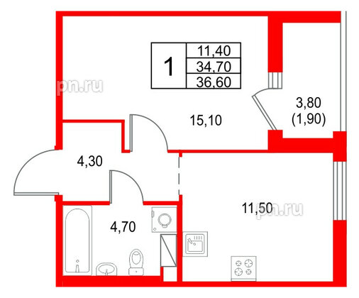 Квартира в ЖК Янила Форест, 1 комнатная, 36.6 м², 12 этаж