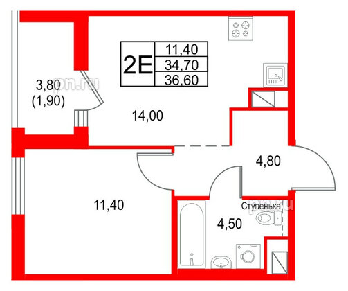 Квартира в ЖК Янила Форест, 1 комнатная, 36.6 м², 2 этаж