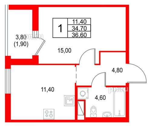 Квартира в ЖК Янила Форест, 1 комнатная, 36.6 м², 12 этаж