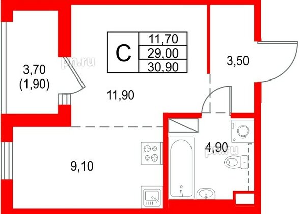 Квартира в ЖК «Янила Форест», студия, 30.9 м², 11 этаж