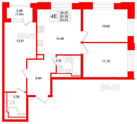 Квартира в ЖК «Кольский», 3 комнатная, 64.43 м², 15 этаж