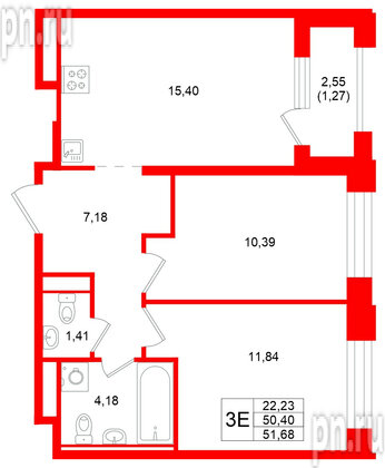 Квартира в ЖК «Кольский», 2 комнатная, 51.68 м², 3 этаж