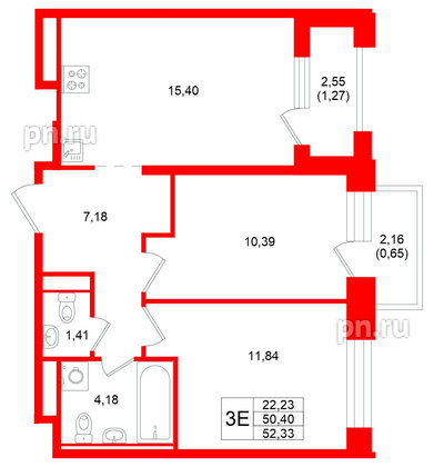 Квартира в ЖК «Кольский», 2 комнатная, 52.33 м², 12 этаж