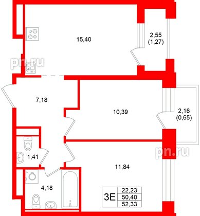 Квартира в ЖК «Кольский», 2 комнатная, 52.33 м², 13 этаж