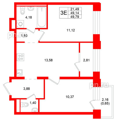 Квартира в ЖК «Кольский», 2 комнатная, 49.79 м², 8 этаж