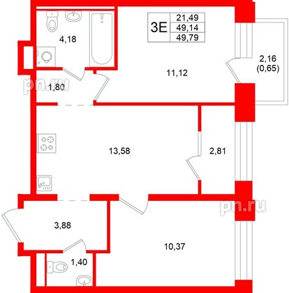 Квартира в ЖК «Кольский», 2 комнатная, 49.79 м², 11 этаж