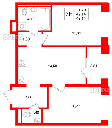 Квартира в ЖК «Кольский», 2 комнатная, 49.14 м², 15 этаж