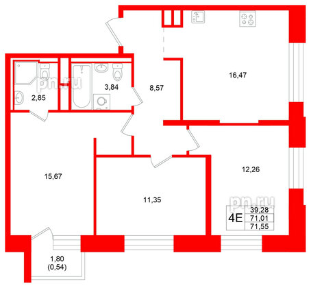 Квартира в ЖК «Кольский», 3 комнатная, 71.55 м², 4 этаж