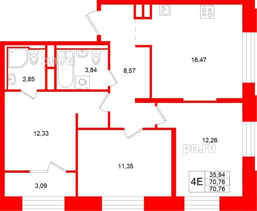 Квартира в ЖК «Кольский», 3 комнатная, 70.76 м², 11 этаж