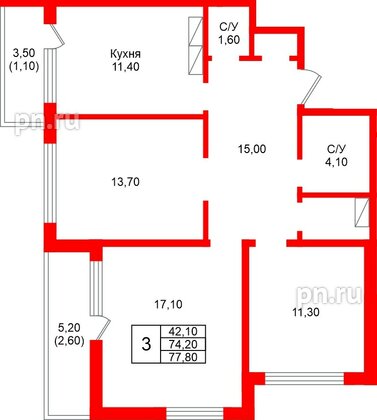Квартира в ЖК «Рябиновый сад», 3 комнатная, 74.2 м², 1 этаж