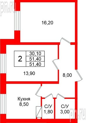 Квартира в ЖК «Рябиновый сад», 2 комнатная, 51.4 м², 1 этаж
