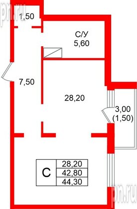 Квартира в ЖК «Рябиновый сад», студия, 42.8 м², 4 этаж