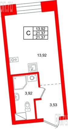 Квартира в ЖК «Бульвар Грина», студия, 21.37 м², 13 этаж