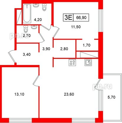 Квартира в ЖК «Передвижники», 2 комнатная, 66.9 м², 5 этаж