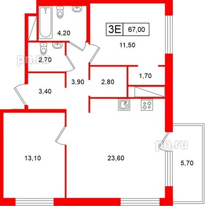 Квартира в ЖК «Передвижники», 2 комнатная, 67 м², 12 этаж