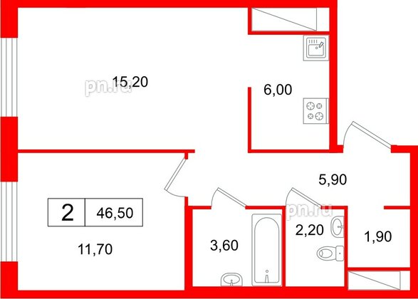Квартира в ЖК «Передвижники», 1 комнатная, 46.5 м², 4 этаж
