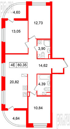 Квартира в ЖК «Ультра Сити 3.0», 3 комнатная, 80.35 м², 5 этаж