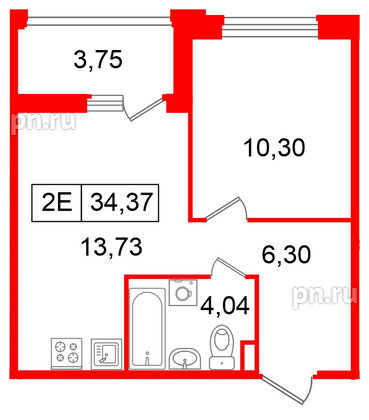 Квартира в ЖК «Ультра Сити 3.0», 1 комнатная, 34.37 м², 6 этаж