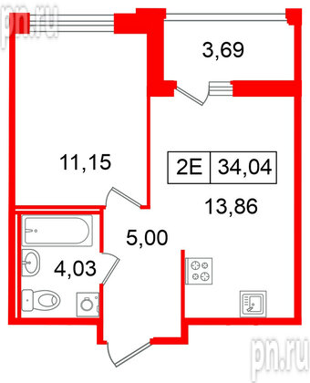 Квартира в ЖК «Ультра Сити 3.0», 1 комнатная, 34.04 м², 10 этаж