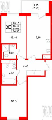Квартира в ЖК «Ю Гатчина», 2 комнатная, 58.01 м², 5 этаж