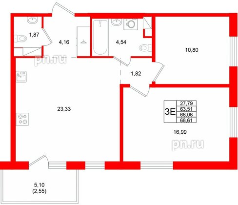 Квартира в ЖК «Ю Гатчина», 2 комнатная, 66.06 м², 8 этаж