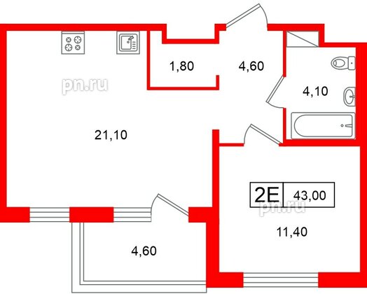 Квартира в ЖК «Передвижники», 1 комнатная, 43 м², 11 этаж