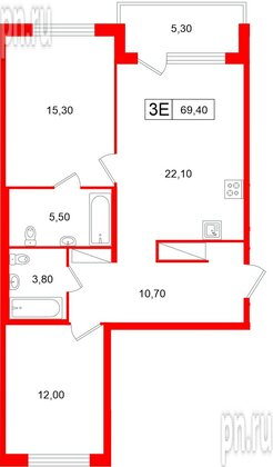 Квартира в ЖК «Передвижники», 2 комнатная, 69.4 м², 6 этаж