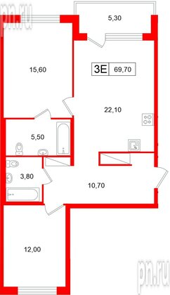 Квартира в ЖК «Передвижники», 2 комнатная, 69.7 м², 10 этаж