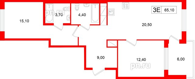 Квартира в ЖК «Передвижники», 2 комнатная, 65.1 м², 9 этаж