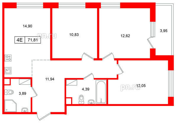 Квартира в ЖК Расцветай в Янино, 3 комнатная, 71.81 м², 2 этаж