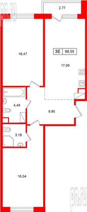 Квартира в ЖК «Расцветай в Янино», 2 комнатная, 68.55 м², 2 этаж