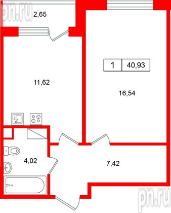 Квартира в ЖК «Расцветай в Янино», 1 комнатная, 40.93 м², 3 этаж