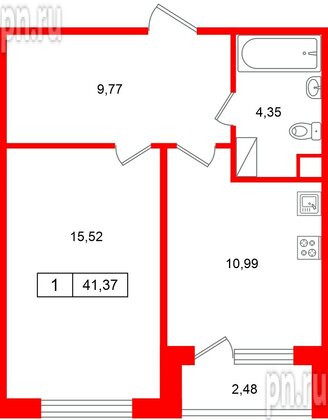 Квартира в ЖК «Расцветай в Янино», 1 комнатная, 41.87 м², 2 этаж