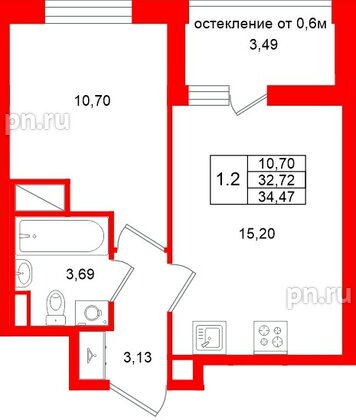 Квартира в ЖК «Город звёзд», 1 комнатная, 32.72 м², 8 этаж