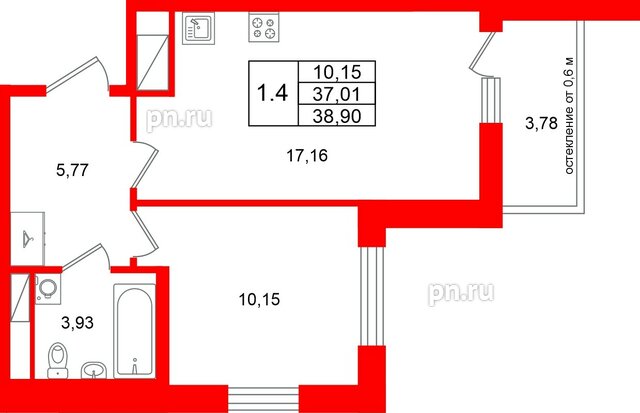 Квартира в ЖК «Город звёзд», 1 комнатная, 37.01 м², 14 этаж