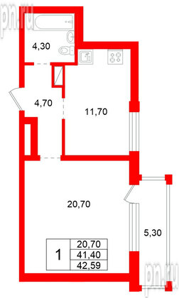 Квартира в ЖК «Янинский каскад», 1 комнатная, 41.4 м², 11 этаж