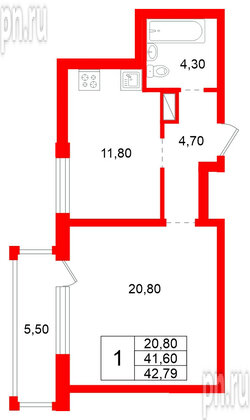 Квартира в ЖК «Янинский каскад», 1 комнатная, 41.6 м², 3 этаж
