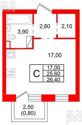 Квартира в ЖК «Шотландия», студия, 25.6 м², 3 этаж