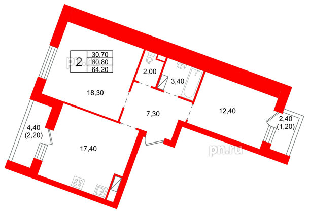 Квартира в ЖК «Шотландия», 2 комнатная, 60.8 м², 2 этаж