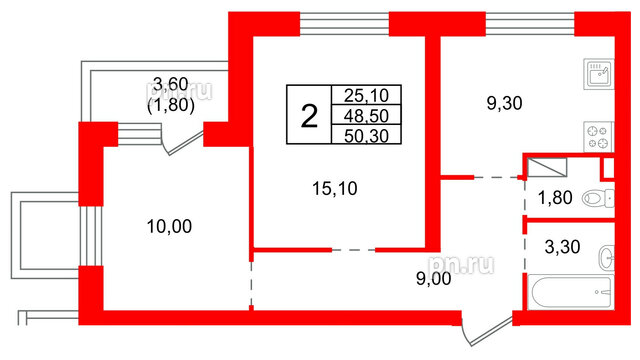 Квартира в ЖК «Шотландия», 2 комнатная, 48.5 м², 1 этаж