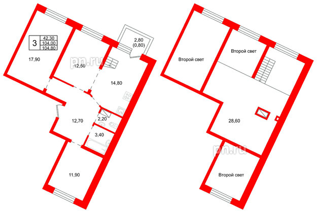 Квартира в ЖК «Шотландия», 3 комнатная, 104 м², 3 этаж