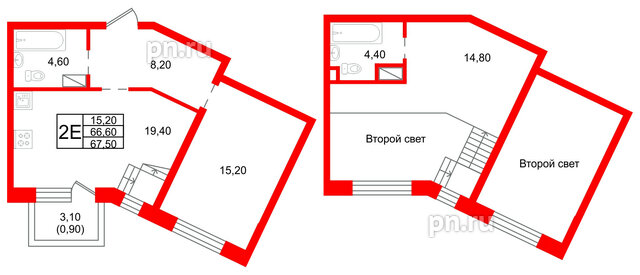 Квартира в ЖК «Шотландия», 1 комнатная, 66.6 м², 3 этаж