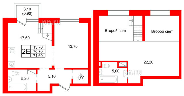 Квартира в ЖК «Шотландия», 1 комнатная, 70.7 м², 3 этаж