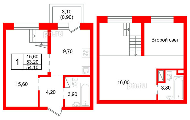 Квартира в ЖК «Шотландия», 1 комнатная, 53.2 м², 3 этаж