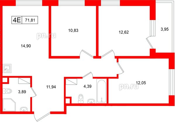Квартира в ЖК «Расцветай в Янино», 3 комнатная, 71.81 м², 2 этаж