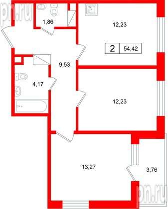 Квартира в ЖК «Расцветай в Янино», 2 комнатная, 54.42 м², 6 этаж