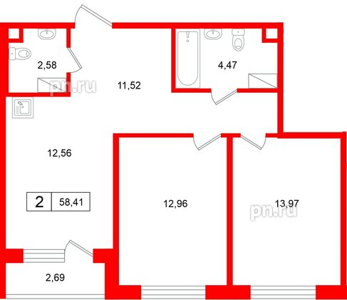 Квартира в ЖК «Расцветай в Янино», 2 комнатная, 58.41 м², 5 этаж