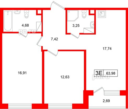 Квартира в ЖК «Расцветай в Янино», 2 комнатная, 63.98 м², 5 этаж